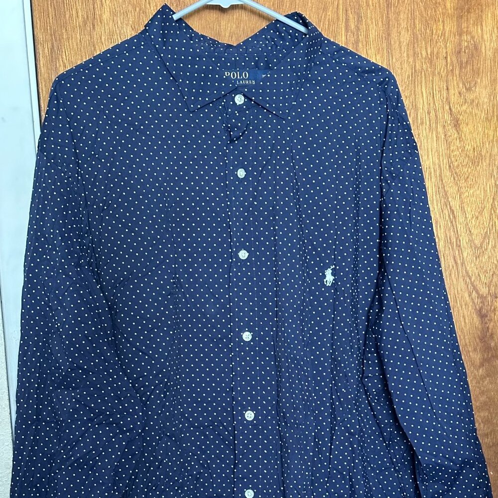 Mens Ralph Lauren Polo Long Sleeve Shirt Dark Blue White Polka Dots Size 3XB/3TB